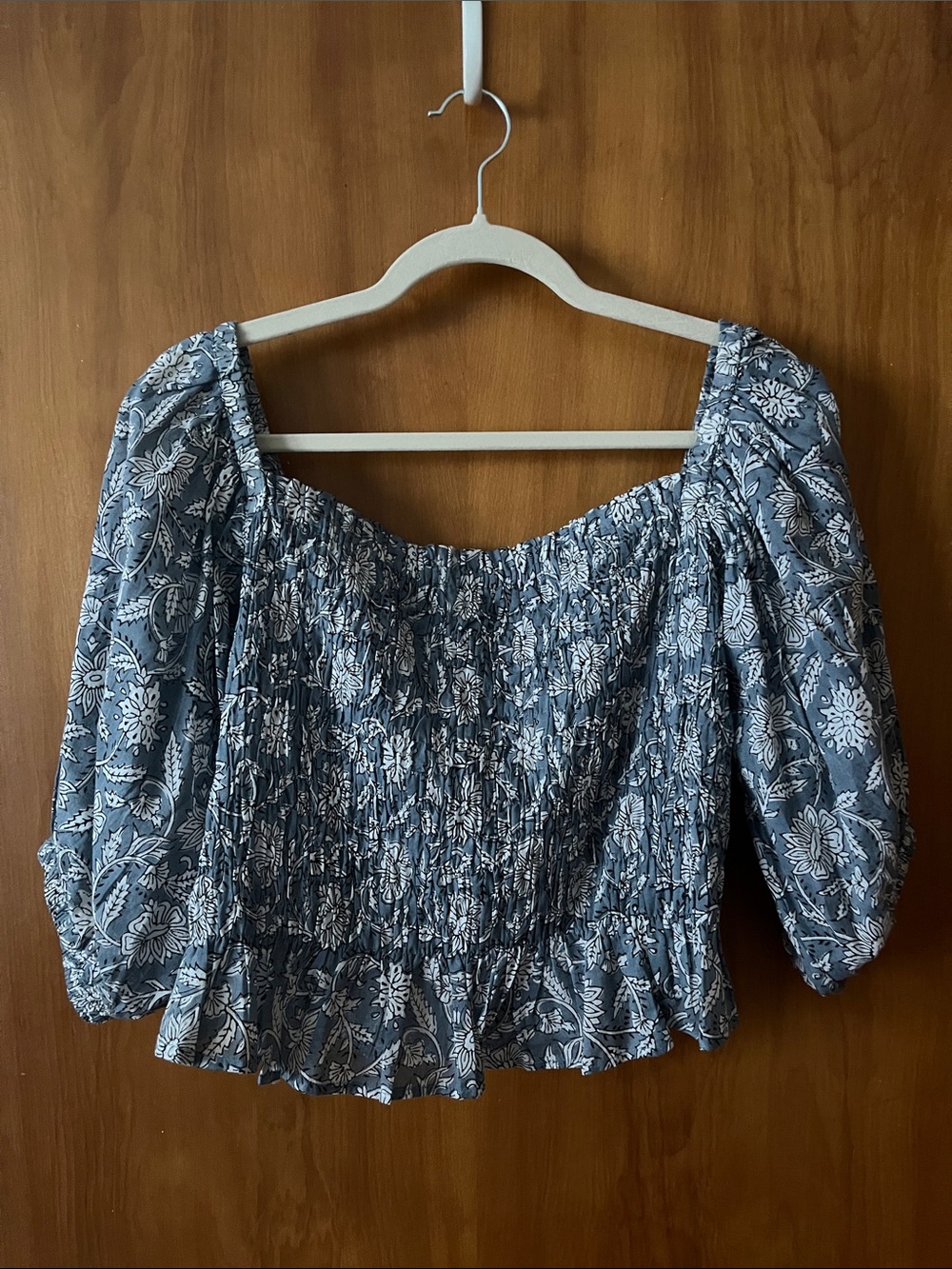 Daughters of India Blue Floral Smocked Off-Shoulder Blouse